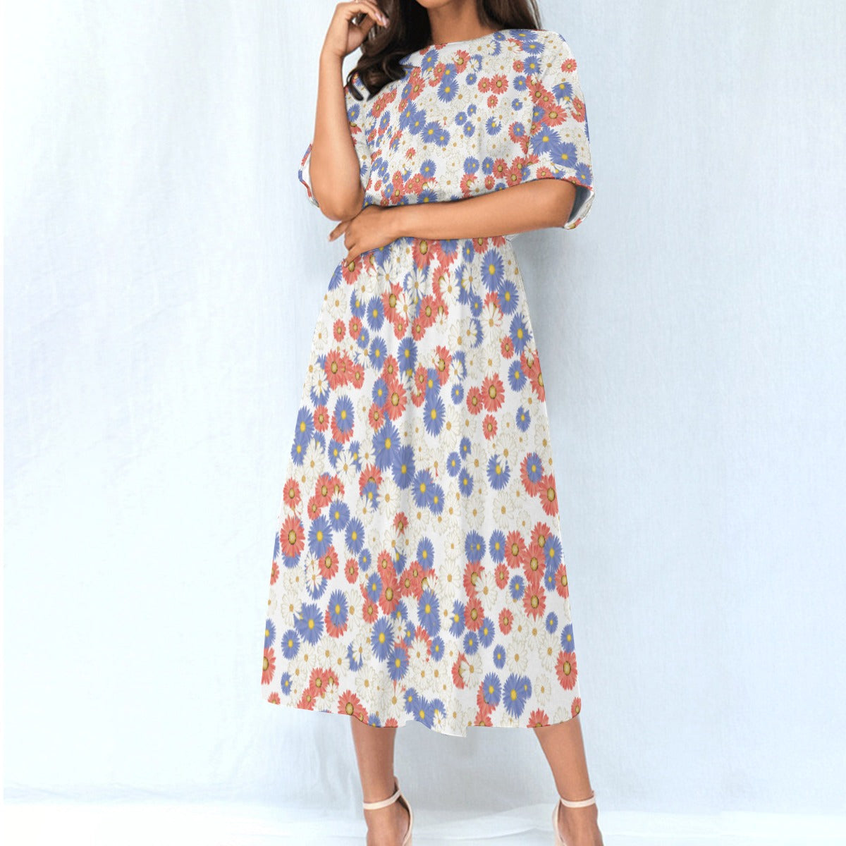 Floral Midi Dress – Women’s Summer Casual Outfit with Elastic Waist