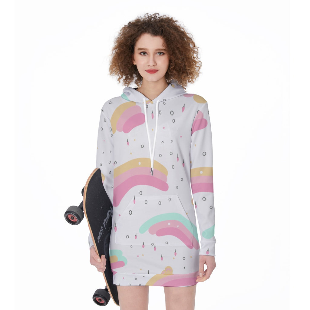 Kawaii Heaven Women's Pastel Rainbows Long Hoodie Dress with Spacious Pocket