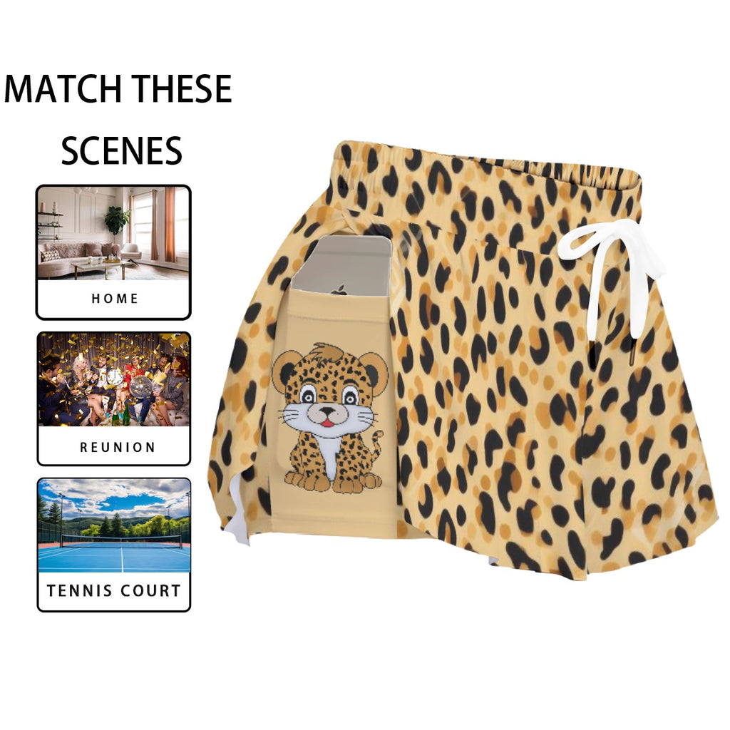 Kawaii Heaven Leopard Print Women's Sport Skort with Phone Pocket