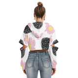 Women's Cropped Fleece Hoodie with Hollow Out Sleeves - Pink & Black Flower Print
