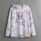 Kawaii Rainbow Unicorn Pullover Hoodie – White Pastel Sweatshirt with Cute Graphic Print, Scuba Fabric
