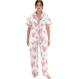 Kawaii Heaven Heart Print Women's Pajamas Set with Elastic Waist & Contrast Piping