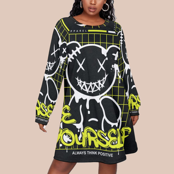 Plus Size Streetwear Graffiti Print Long Sleeve Raglan Dress - Be Yourself Graphic, Comfort Fit