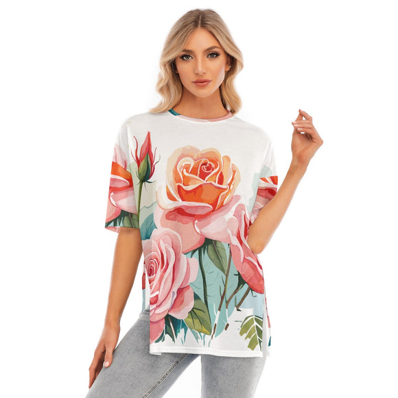 Women's Rose Garden Short Sleeve Hem Split Tee | Oversized Crew Neck Jersey T-Shirt