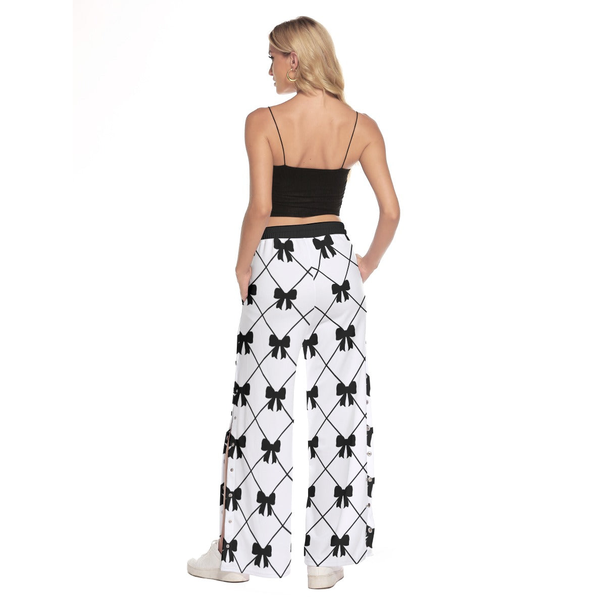 Black Bow Side Slit Wide Leg Pants