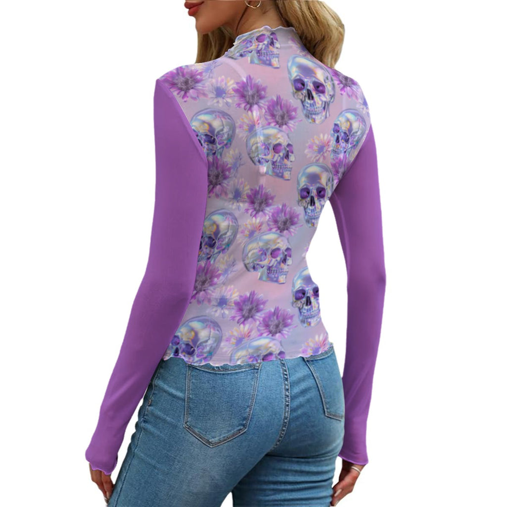Purple Butterfly Skull Mesh Top – Gothic Fairycore Long Sleeve Shirt