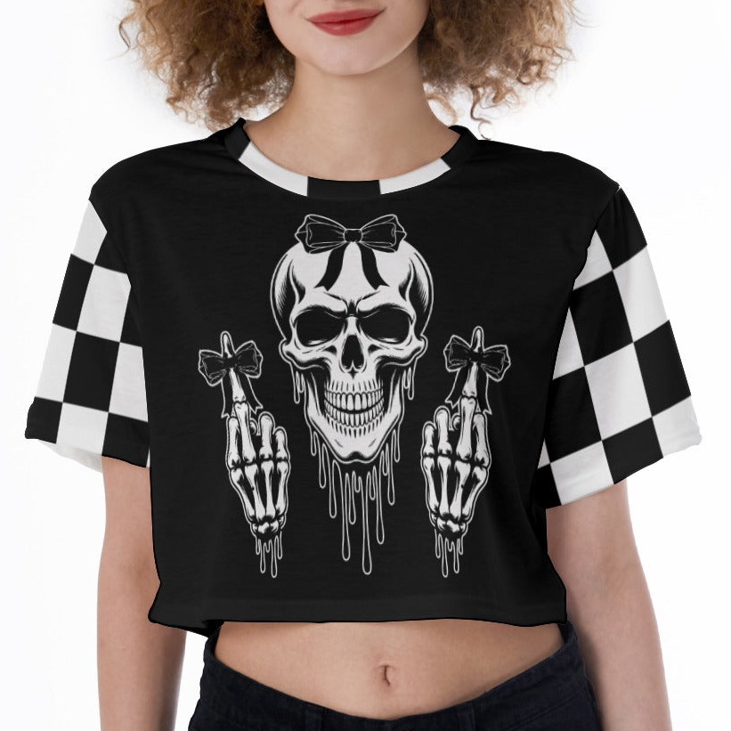 Gothic Skull Crop Top – Black & White Checkered Alt Graphic Tee