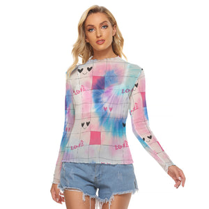 Kawaii Heaven Women's Mesh T-shirt with Tie-Dye Heart Grid Print - Sexy Unique Design