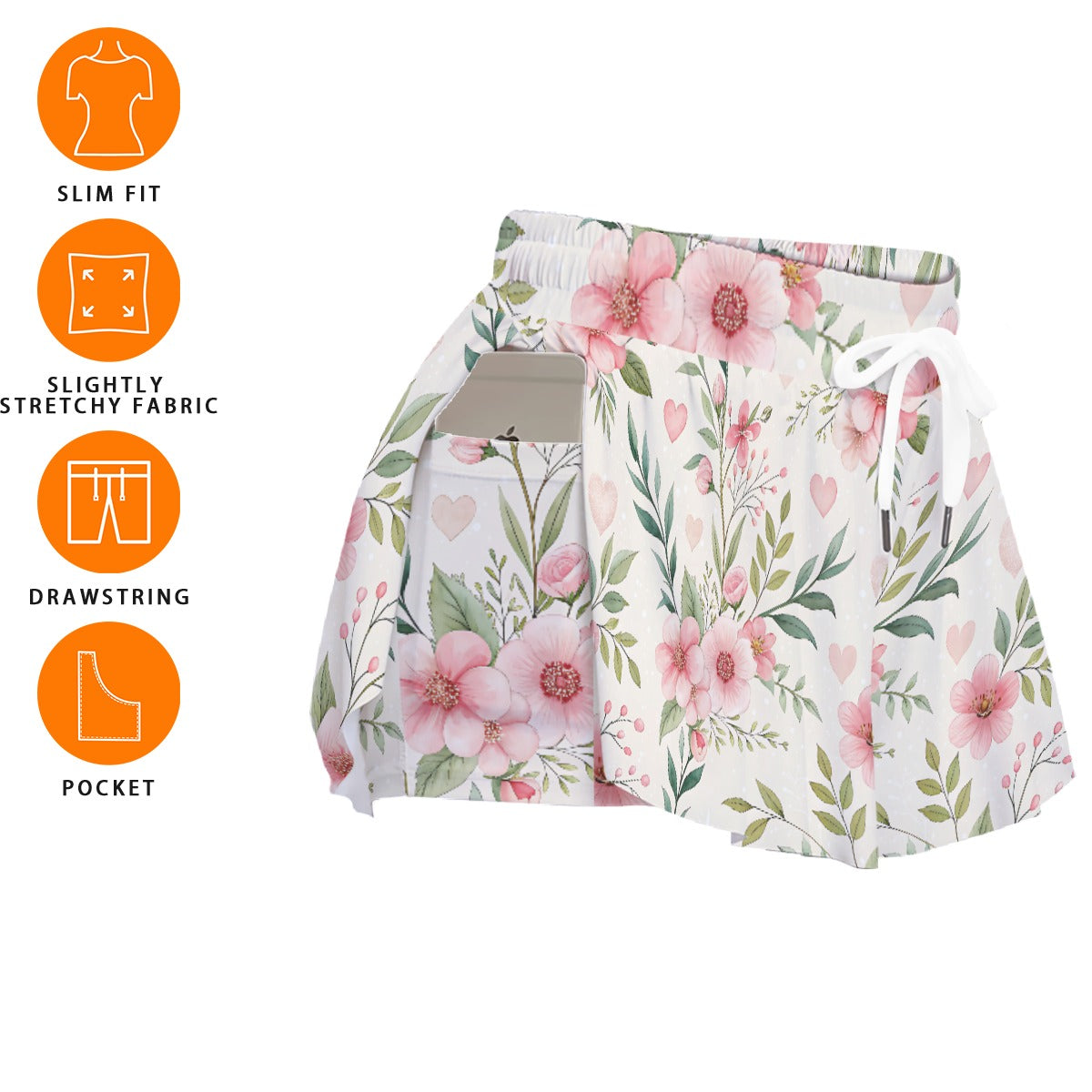 Floral Heart Skort – Pink Flower Skirt Shorts with Pockets