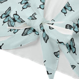 Blue Butterfly Mesh Tie Front Top – Sheer Bell Sleeve Blouse