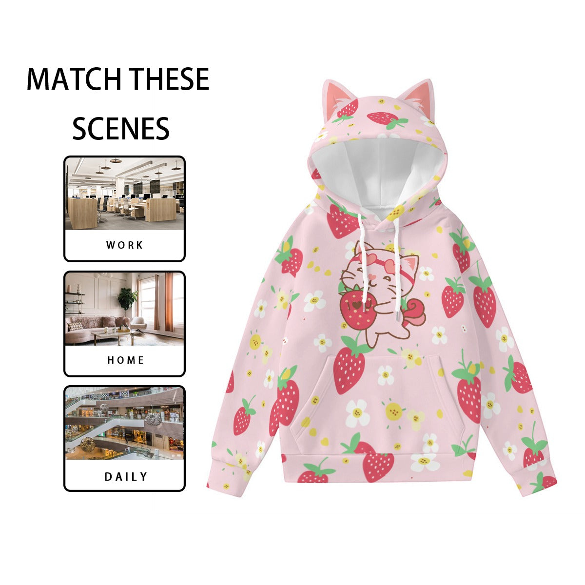 Kawaii Strawberry Cat Hoodie, Pink Anime-Inspired Pullover with Decorative Ears and Cute Print