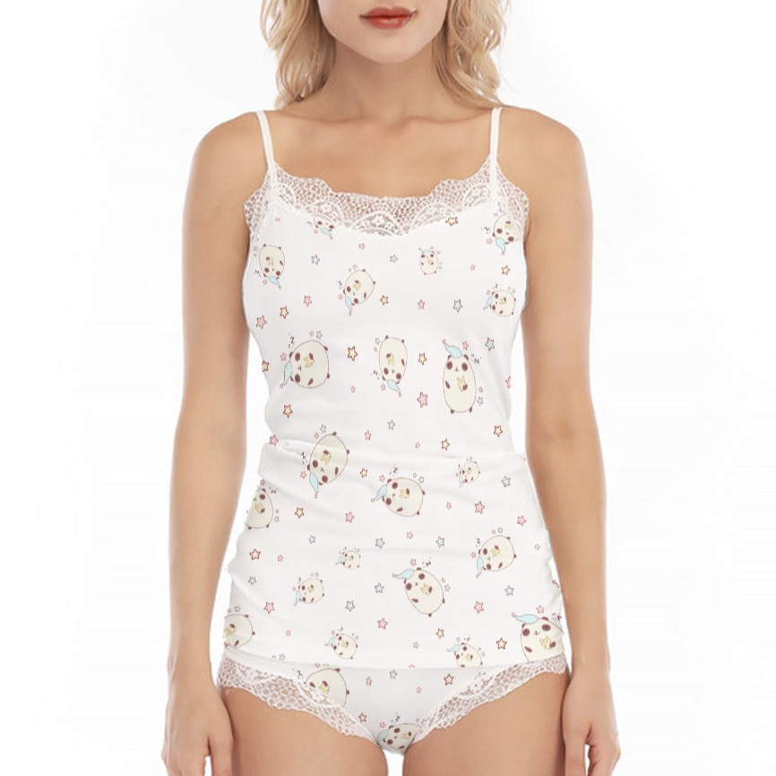 Kawaii Heaven Women's Sleepy Bear Lace Trim Sexy Two-Piece Cami Pajama Set