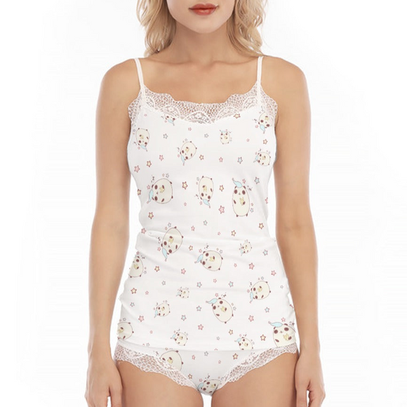 Kawaii Heaven Women's Sleepy Bear Lace Trim Sexy Two-Piece Cami Pajama Set