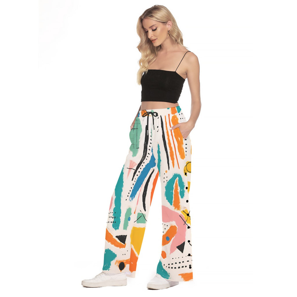 Abstract Side Slit Palazzo Pants – Colorful Wide Leg Snap Button Trousers