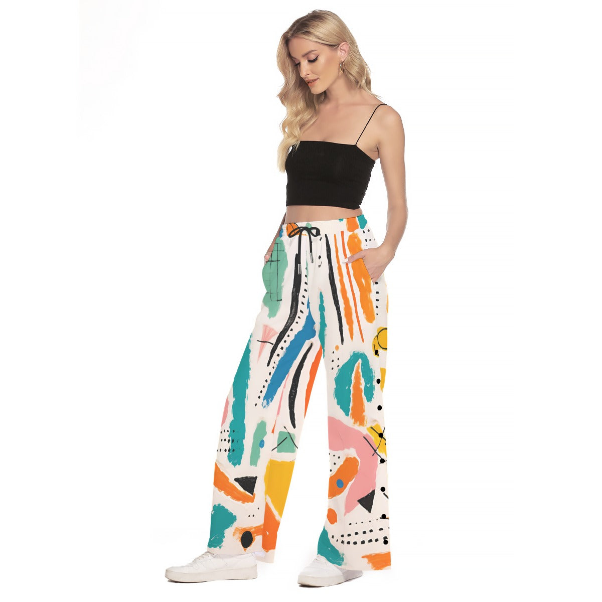 Abstract Side Slit Palazzo Pants – Colorful Wide Leg Snap Button Trousers
