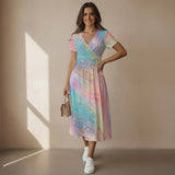 Pastel Rainbow Midi Dress – V Neck Elegant Summer Dress