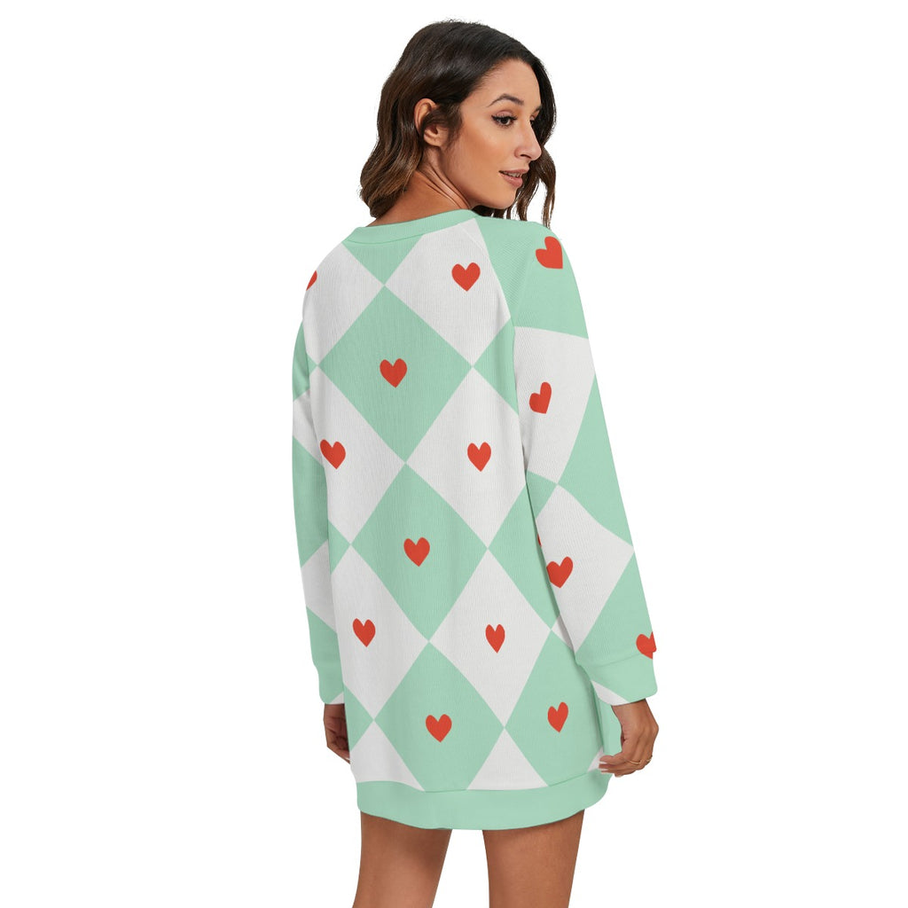 Women's Mint Hearts Harlequin Style Round Neck Raglan Sleeve Sweater | Polyester