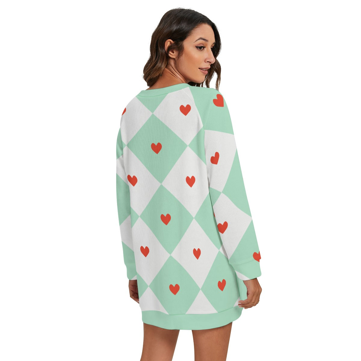 Women's Mint Hearts Harlequin Style Round Neck Raglan Sleeve Sweater | Polyester