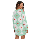 Women's Mint Hearts Harlequin Style Round Neck Raglan Sleeve Sweater | Polyester