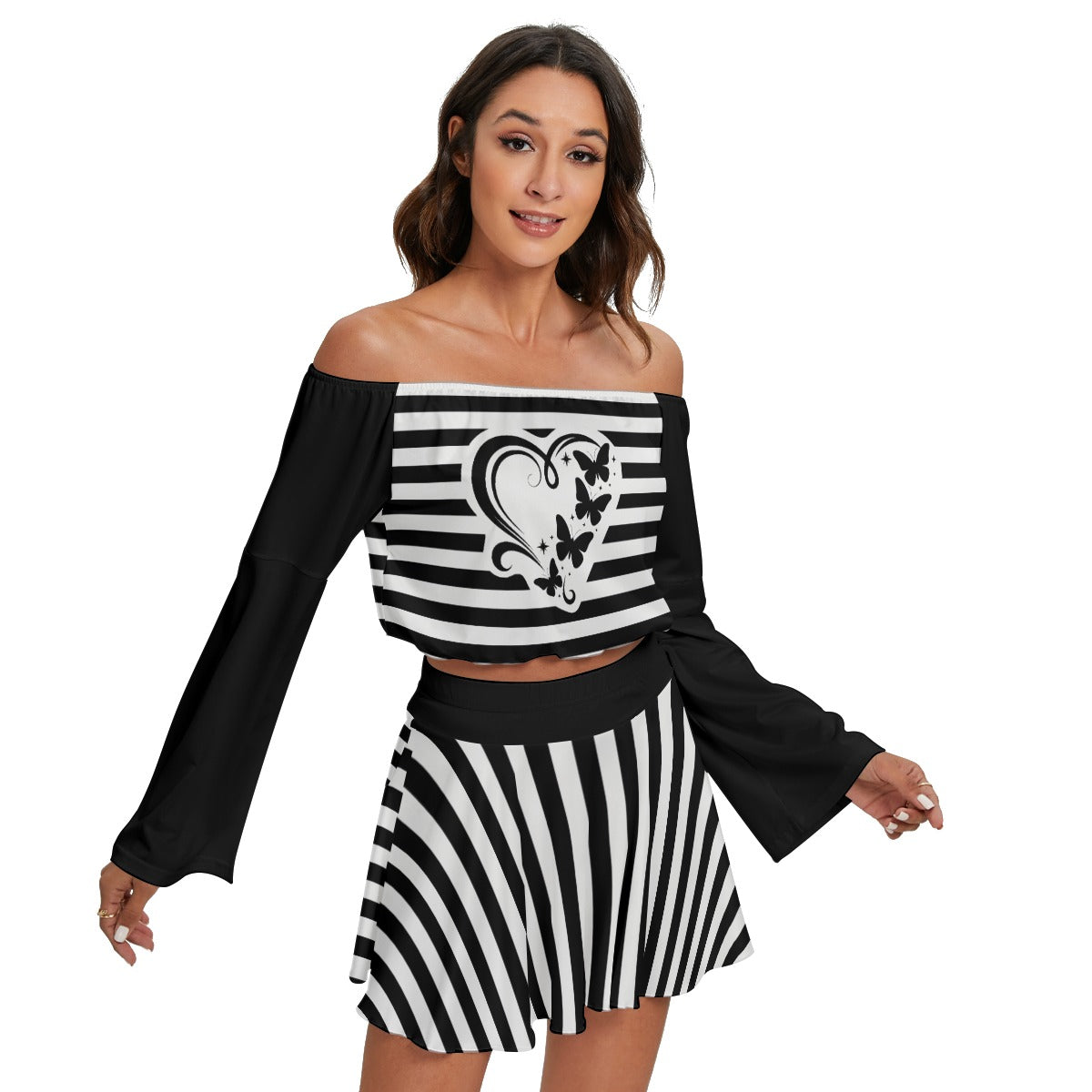 Black & White Off-Shoulder Two Piece Set – Long Sleeve Crop Top & Mini Skirt