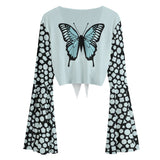 Blue Butterfly Mesh Tie Front Top – Sheer Bell Sleeve Blouse