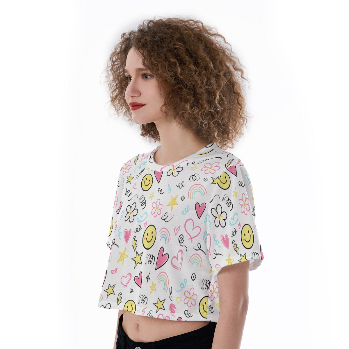 Kawaii Smiley Face Crop Top – Cute Cartoon Print Cropped T-Shirt