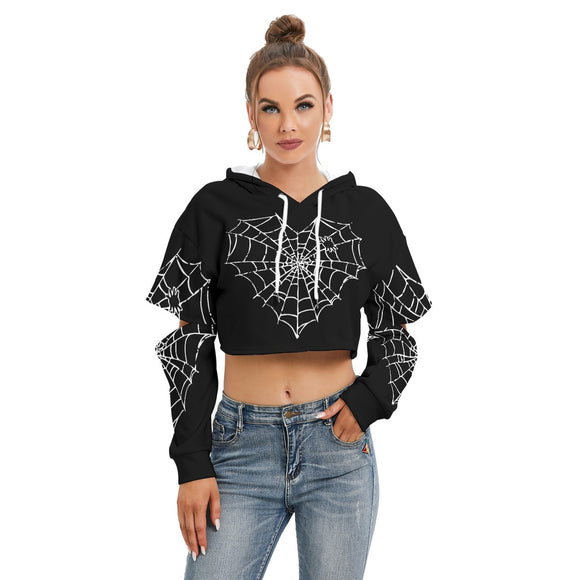 Kawaii Heaven Women Gothic Spiderweb Heart Cropped Hoodie - Black Halloween Aesthetic