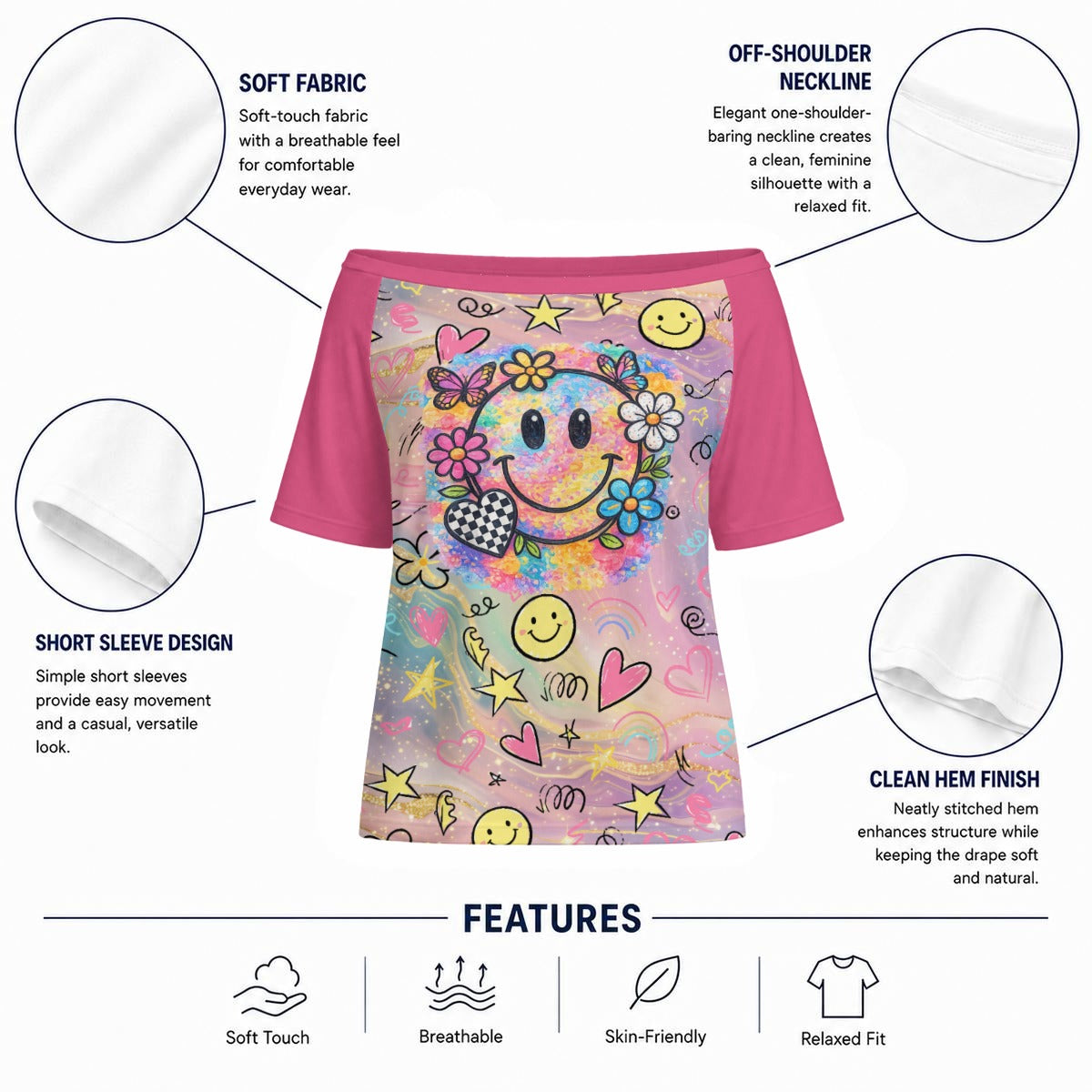 Kawaii Smiley Off Shoulder Top – Pastel Cute Graphic Tee