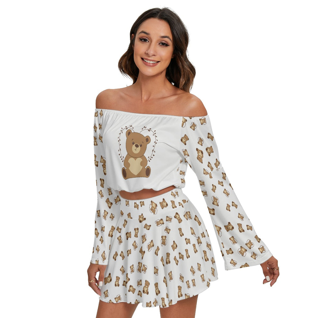Teddy Bear Off-Shoulder Two-Piece Set – Long Sleeve Crop Top & Mini Skirt