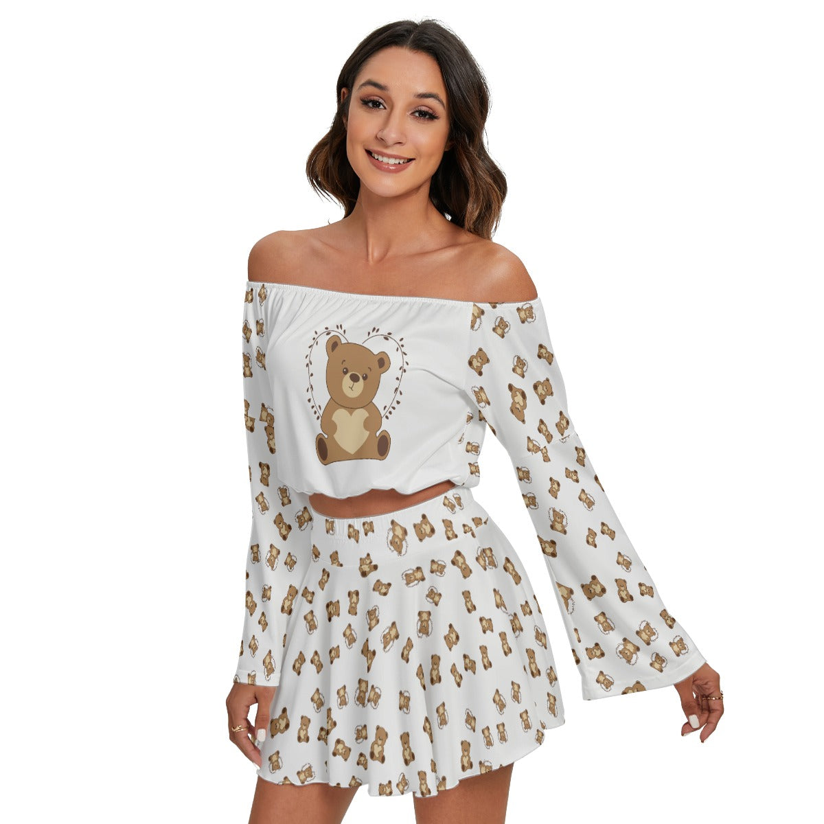 Teddy Bear Off-Shoulder Two-Piece Set – Long Sleeve Crop Top & Mini Skirt