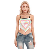 Women's Rainbow Heart Print Pastel Cami Tube Top – Sexy Wrap-Up Crop Tank with Spaghetti Straps & Black Edging