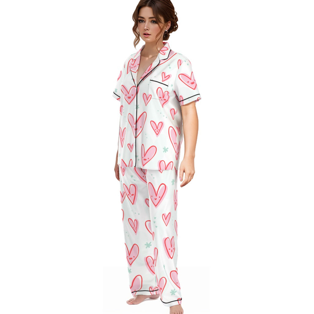 Kawaii Heaven Heart Print Women's Pajamas Set with Elastic Waist & Contrast Piping