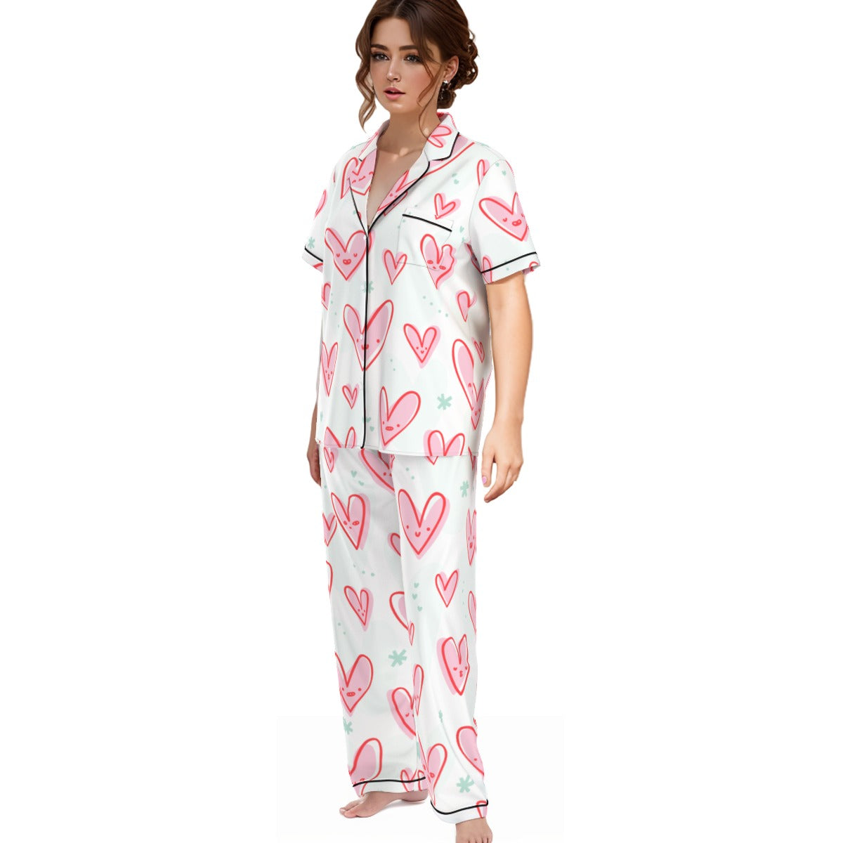 Kawaii Heaven Heart Print Women's Pajamas Set with Elastic Waist & Contrast Piping