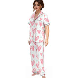 Kawaii Heaven Heart Print Women's Pajamas Set with Elastic Waist & Contrast Piping