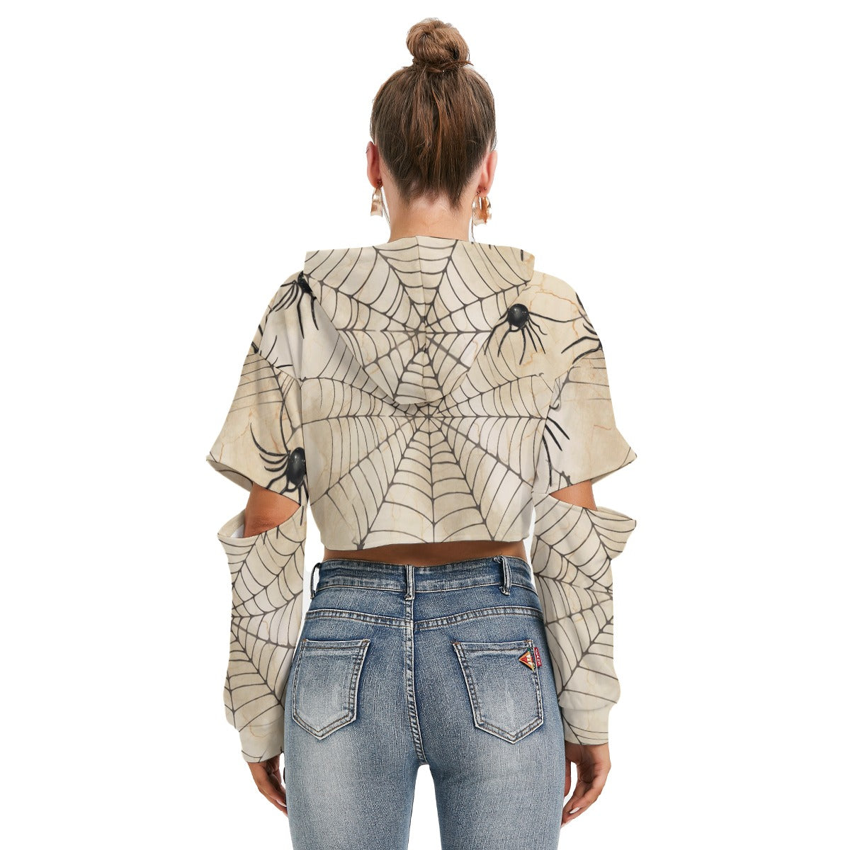 Women's Cropped Spider Hollow Sleeve Fleece Hoodie - Fashionable Halloween Top with Warm Lining