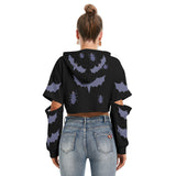Women's Halloween Bat & Spider Print Cropped Hoodie with Hollow Out Sleeves, Fleece-Lined