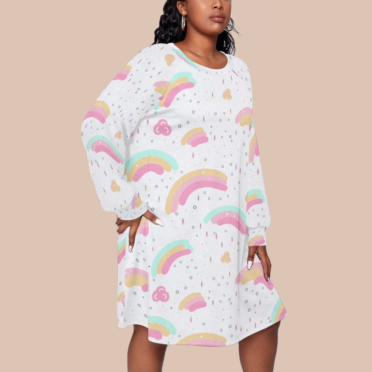 Kawaii Pastel Rainbow Cloud Raindrop Print Plus Size Long Sleeve Raglan Dress