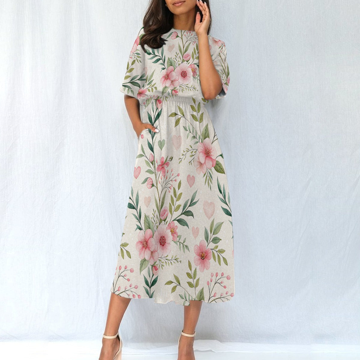 Floral Midi Dress – Pink Flower Elastic Waist Dress