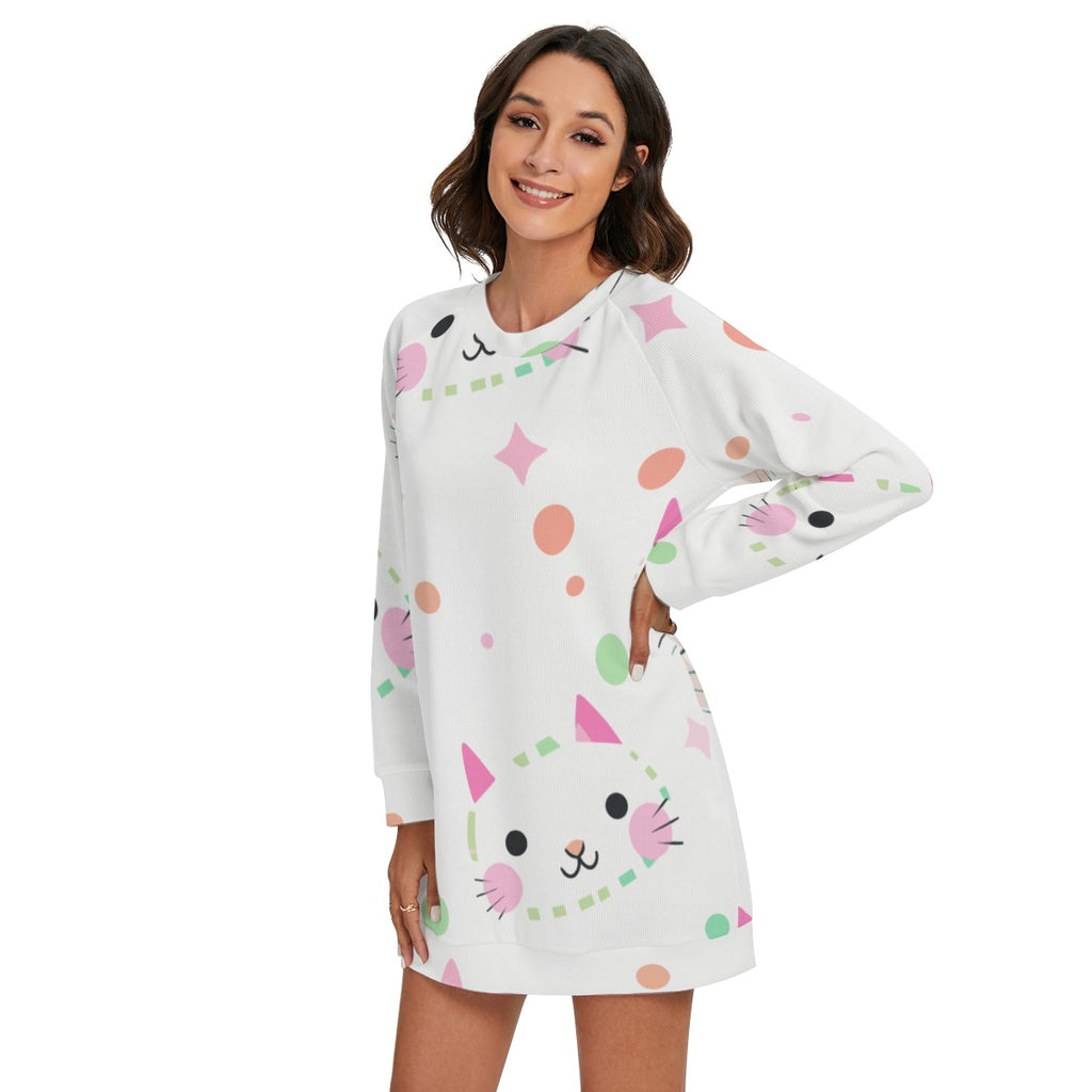 Kawaii Cat Polka Dot Women's Round Neck Raglan Sleeve Sweater