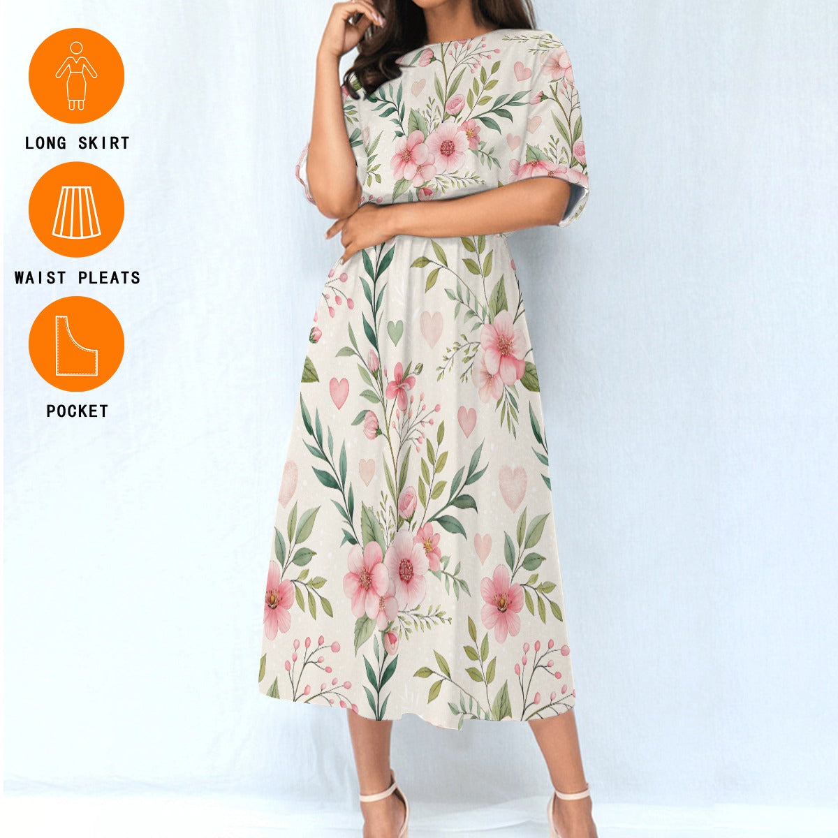 Floral Midi Dress – Pink Flower Elastic Waist Dress