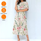 Floral Midi Dress – Pink Flower Elastic Waist Dress