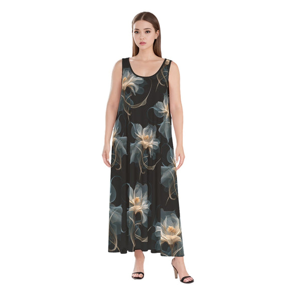 Kawaii Heaven Women's Elegant Floral Black Sleeveless Rayon Maxi Dress