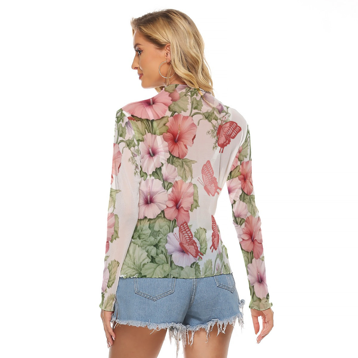 Floral Butterfly Mesh Long Sleeve T-Shirt for Women - Sexy Sheer Top with Pink Hibiscus Print