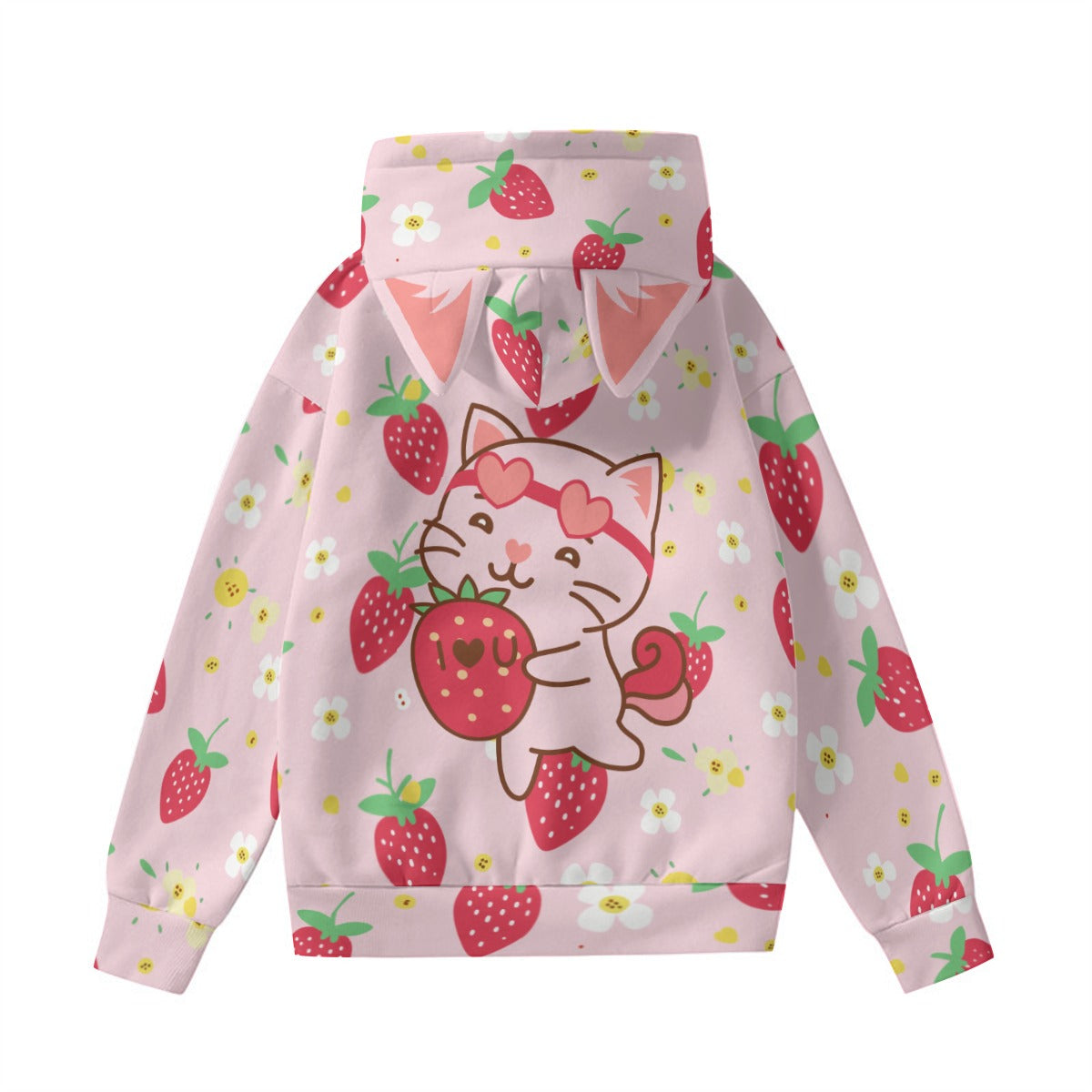 Kawaii Strawberry Cat Hoodie, Pink Anime-Inspired Pullover with Decorative Ears and Cute Print