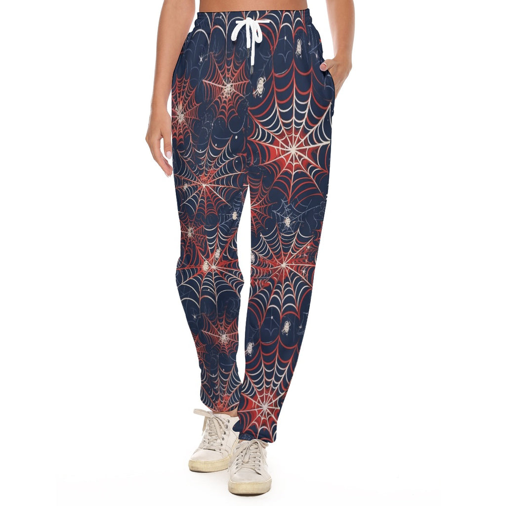 Gothic Spider Print Scuba Women's Casual Pants with Rib Cuffs - Creepy Cute Lounge Bottoms