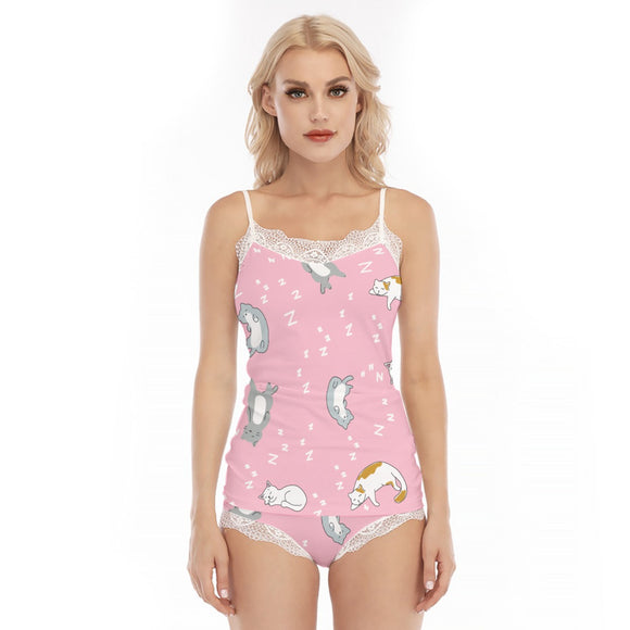 Kawaii Sleepy Cats Women's Sexy Lace Edge Pajama Set | Microfiber Fabric