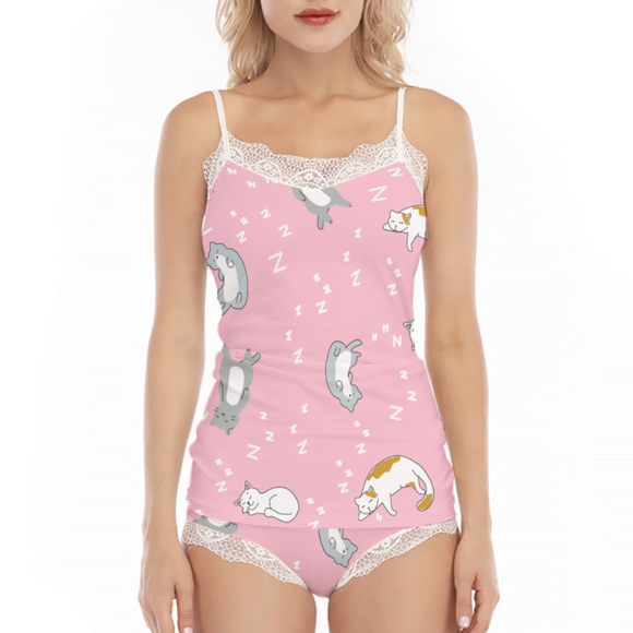 Kawaii Sleepy Cats Women's Sexy Lace Edge Pajama Set | Microfiber Fabric