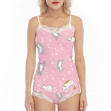 Kawaii Sleepy Cats Women's Sexy Lace Edge Pajama Set | Microfiber Fabric