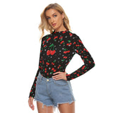 Cherry Print Mesh Top – Black Long Sleeve Slim Fit Shirt