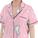 Kawaii Heaven Women's Pink Cat Print Pajamas Set with Elastic Waist & Black Contrast Piping
